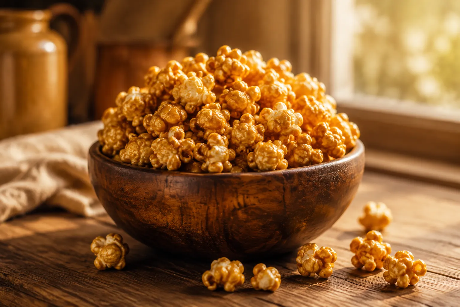Finished crunchy caramel popcorn in a bowl on a wooden table