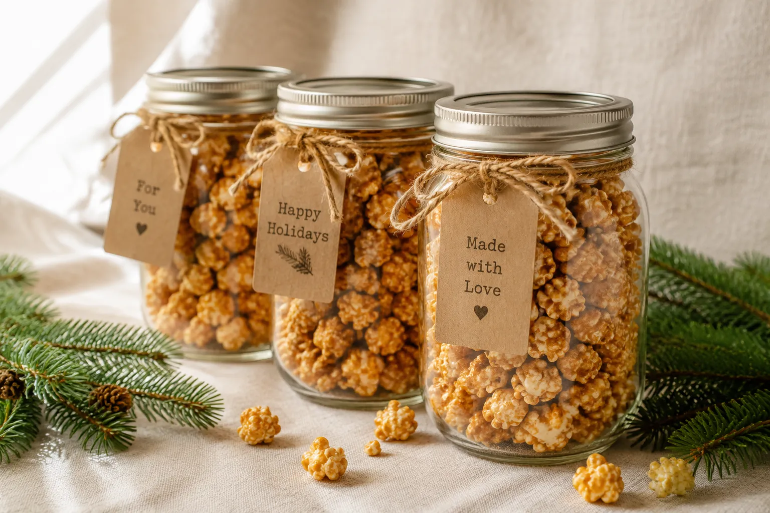 Caramel popcorn packed in mason jars as homemade holiday gifts