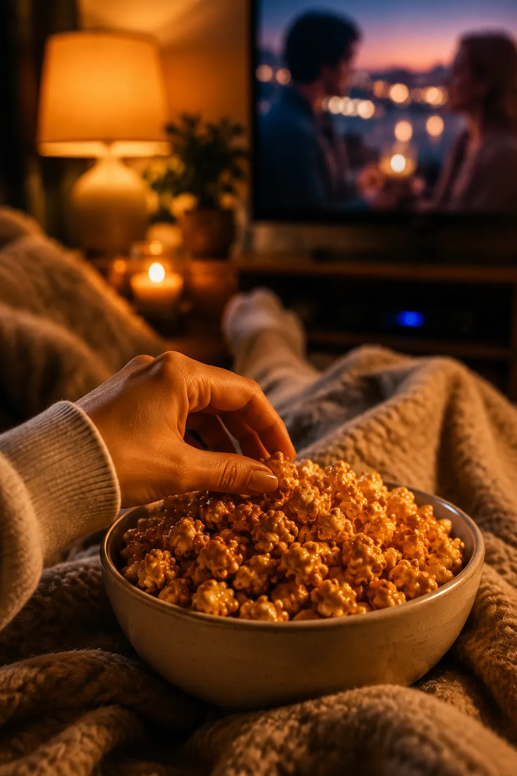 Hand grabbing caramel popcorn from a bowl during movie night