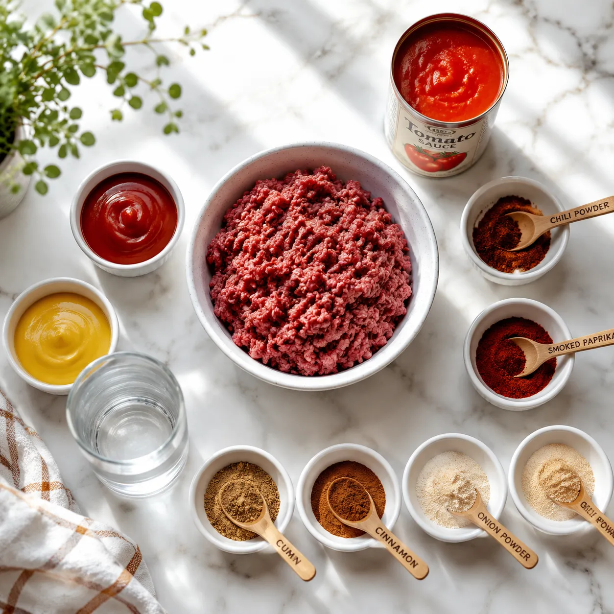 Ingredients laid out for an easy hot dog chili sauce recipe
