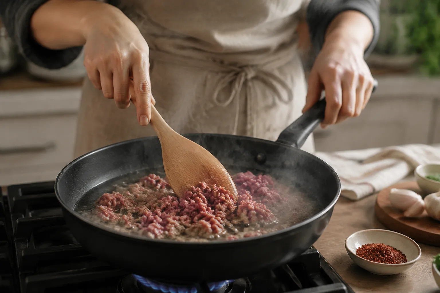 Breaking down raw ground beef in water for Coney-style hot dog chili
