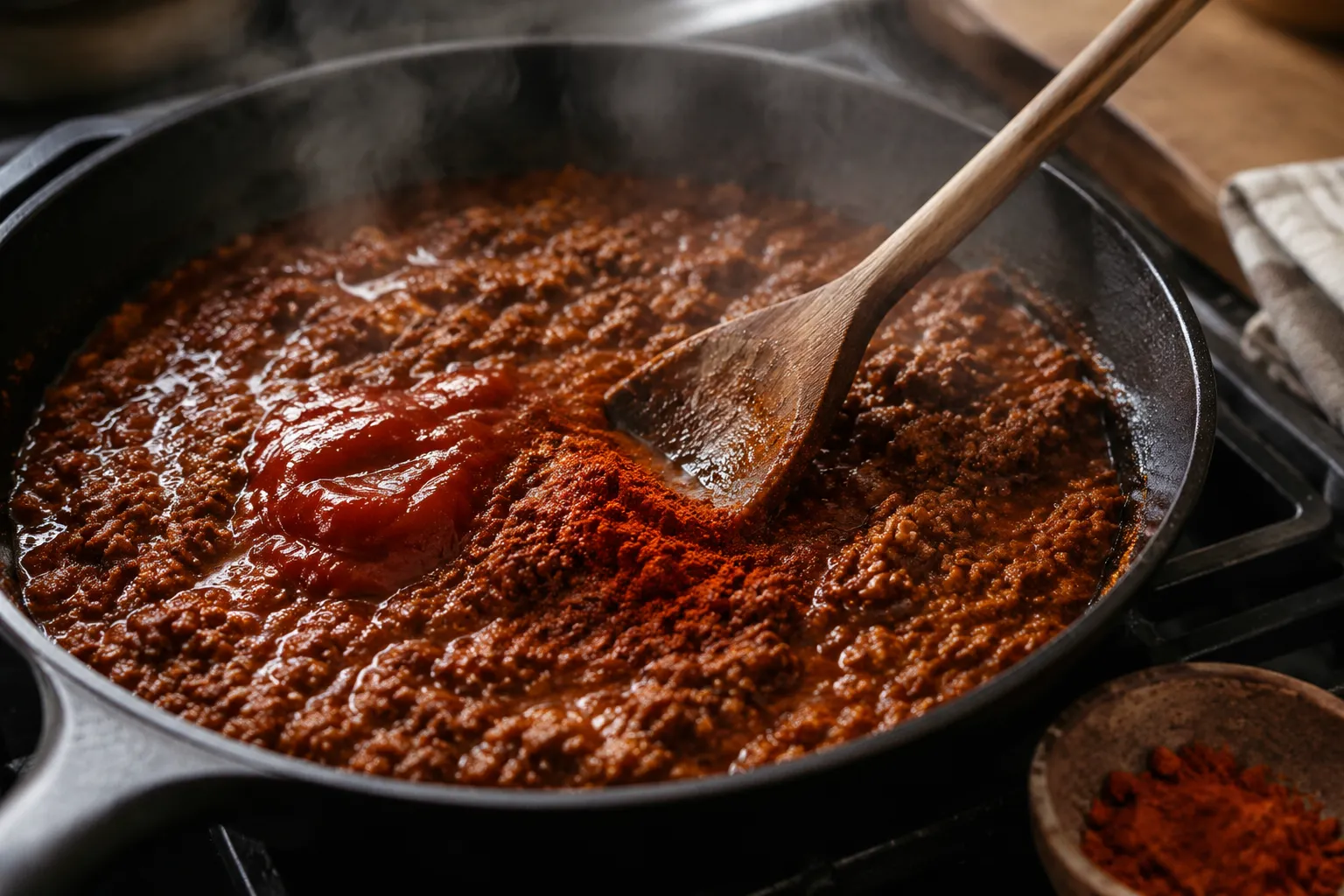 Adding tomato sauce and spices to homemade hot dog chili