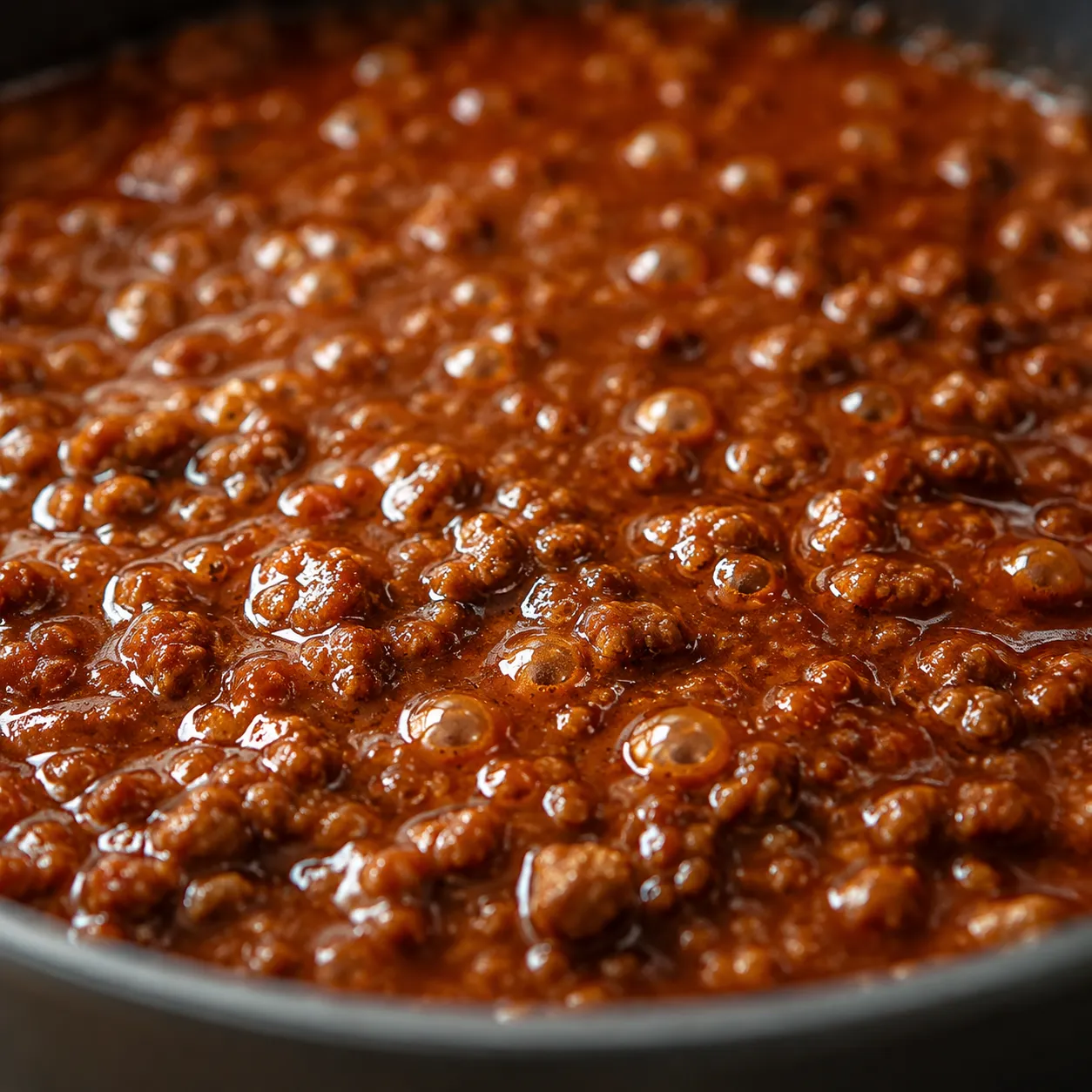 Close-up of thick simmered hot dog chili sauce