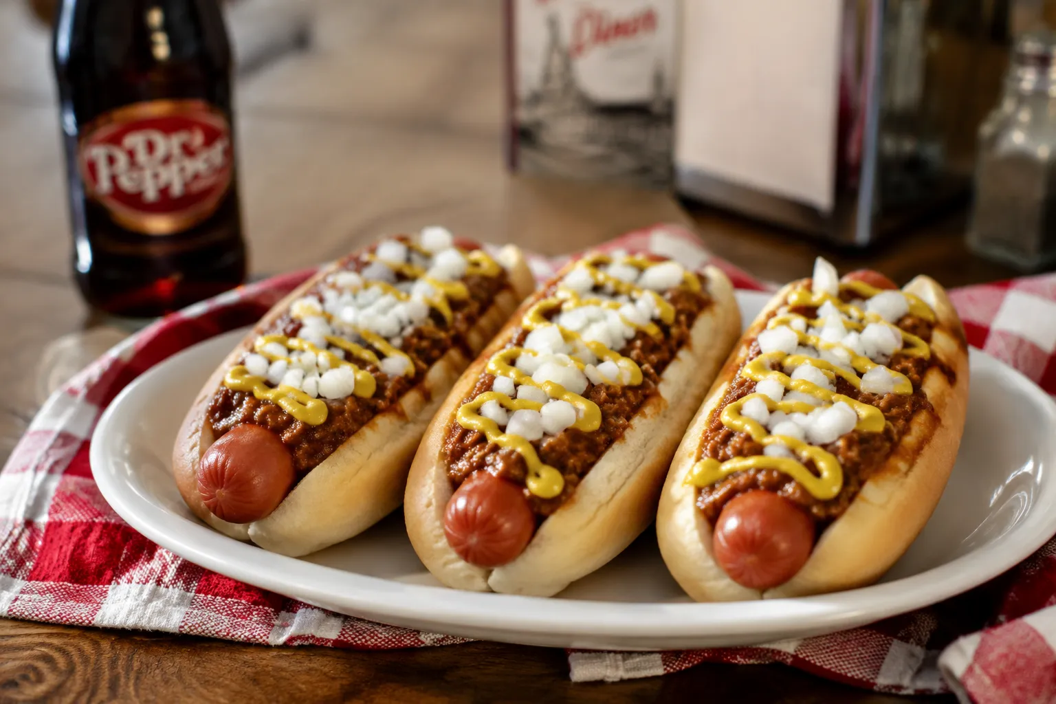 Plated chili dogs made with the best hot dog chili recipe