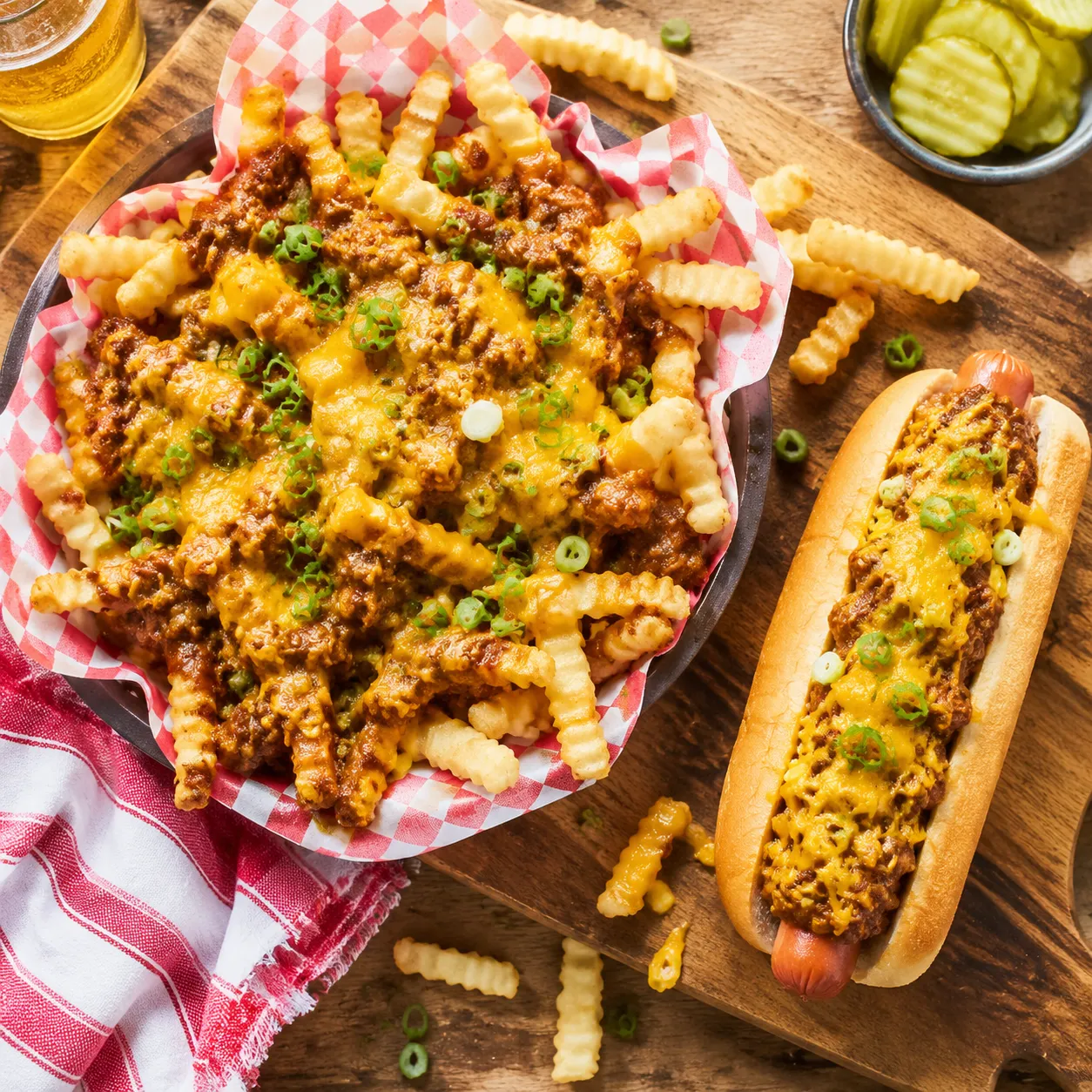 Hot dog chili served over loaded chili cheese fries