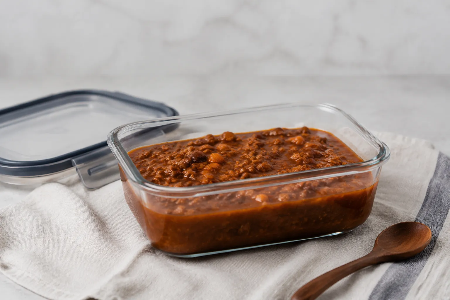 Leftover hot dog chili stored in a glass container for the fridge