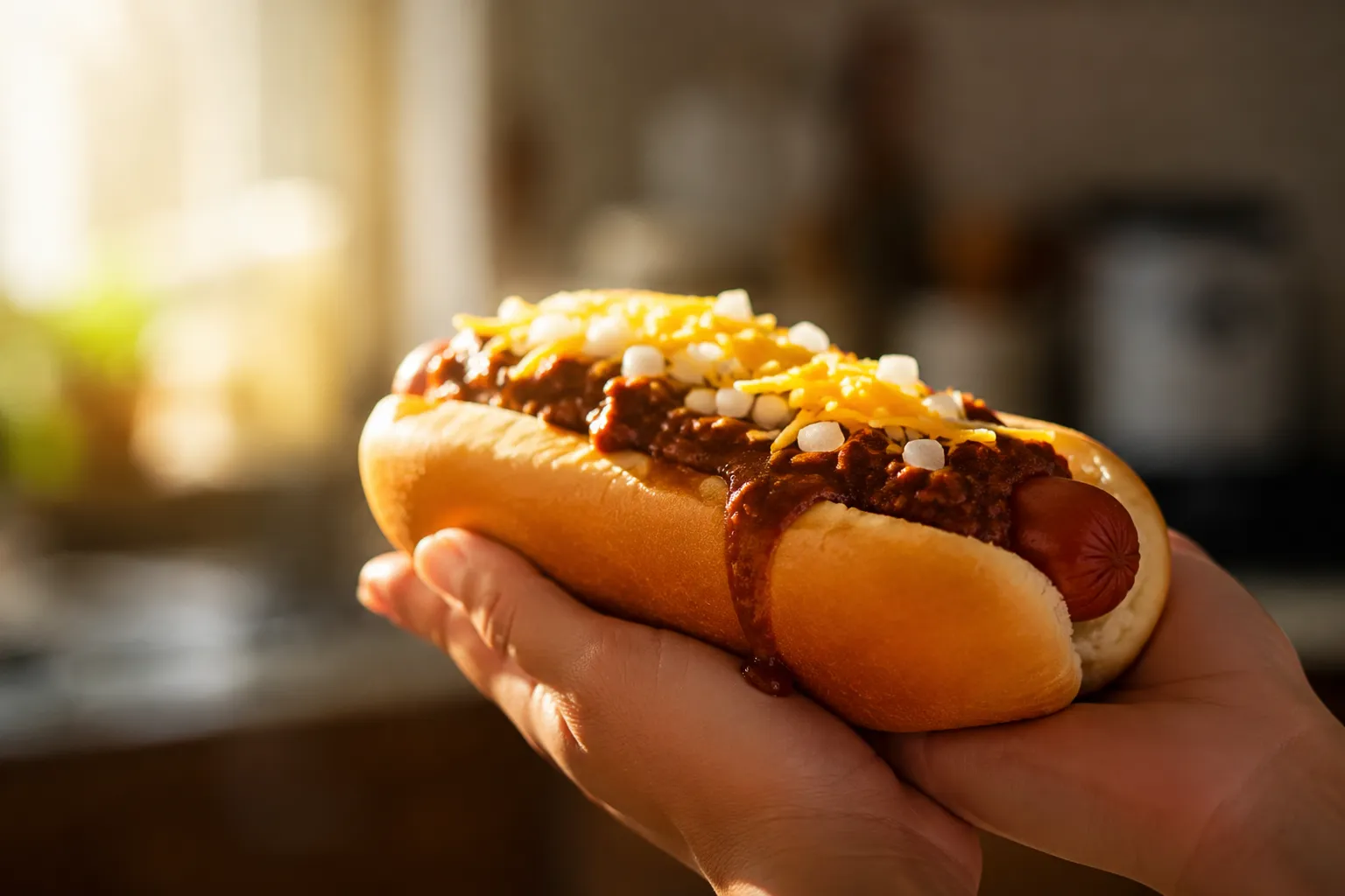 Holding a chili dog made with classic hot dog chili recipe
