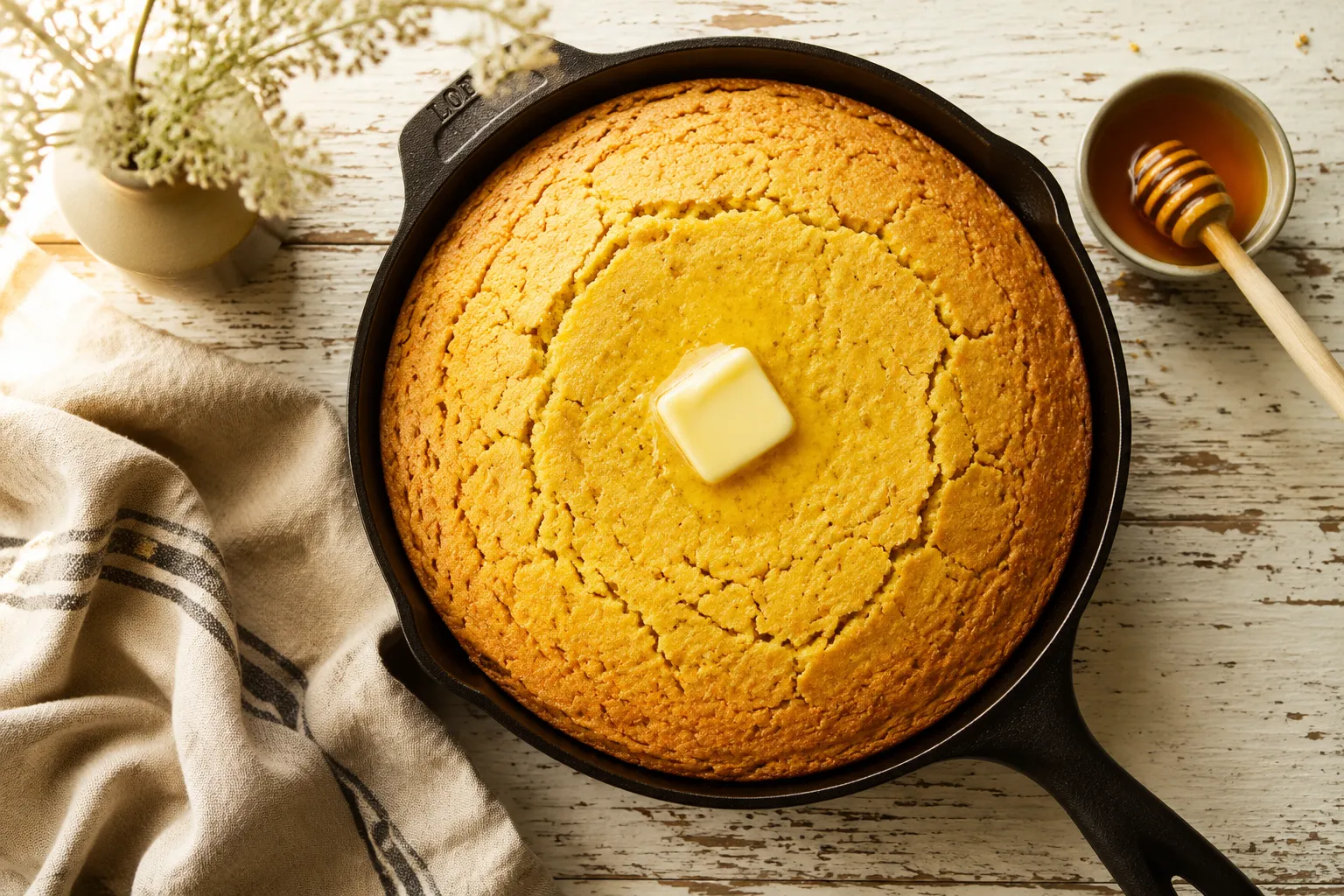 Whole gluten free cornbread baked in cast iron skillet topped with melting butter