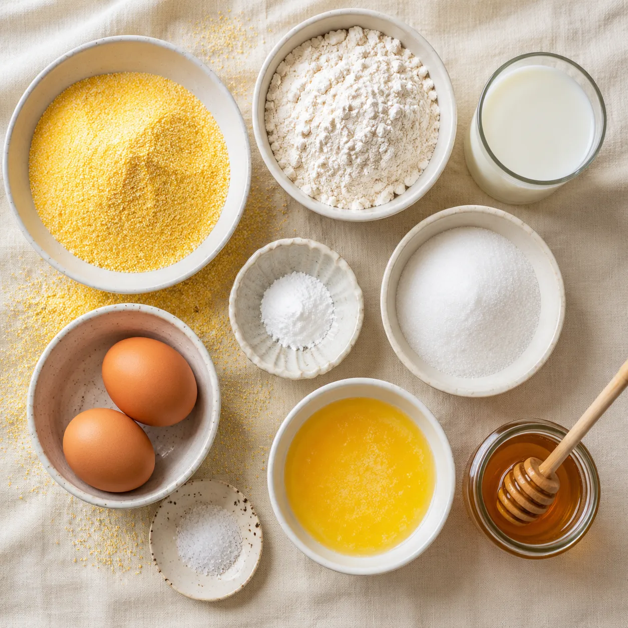 Gluten free cornbread ingredients flatlay with cornmeal, GF flour, eggs, milk, and honey