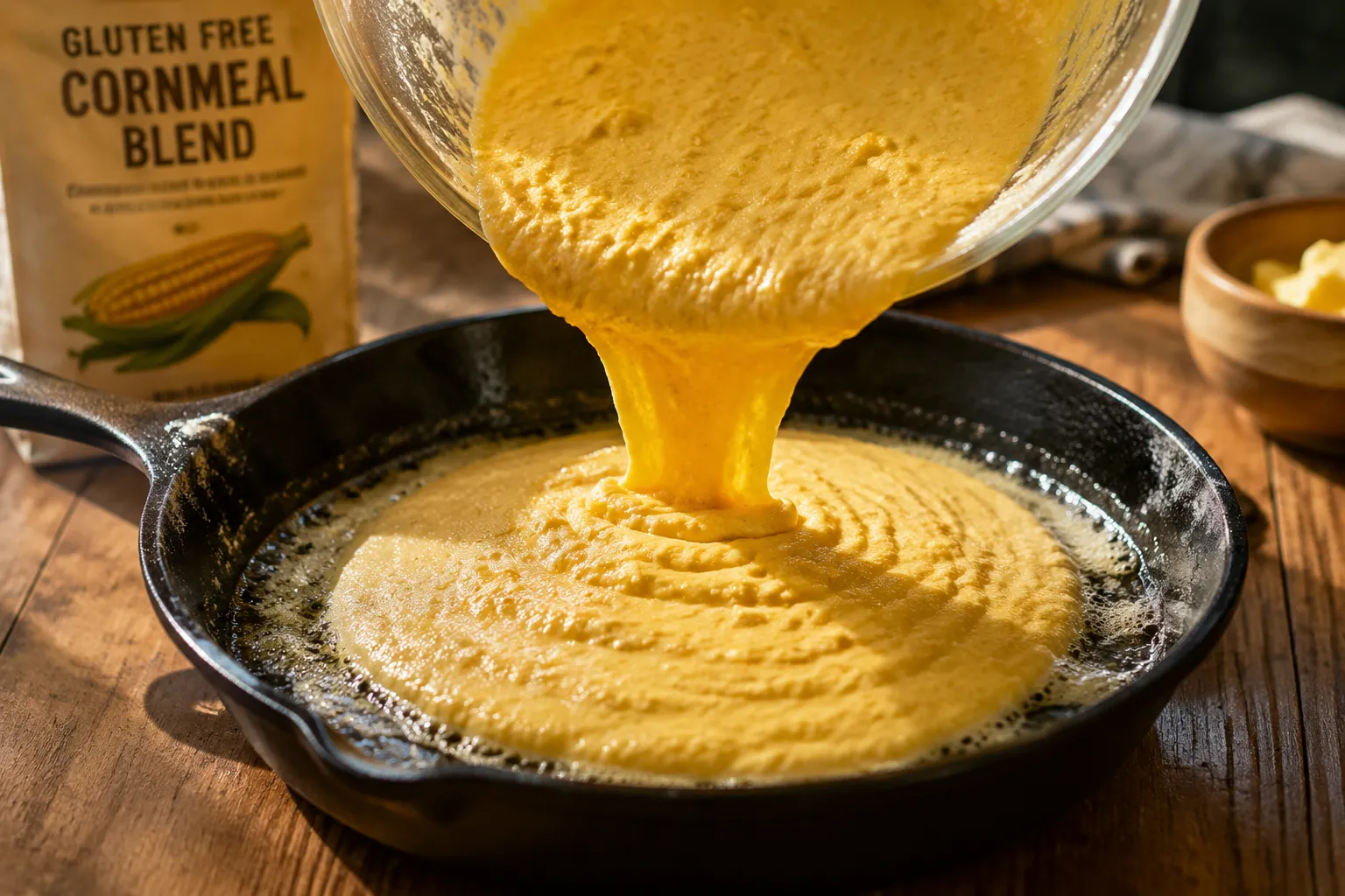 Pouring gluten free cornbread batter into hot cast iron skillet