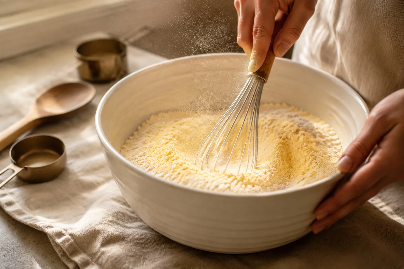 Whisking gluten free flour and cornmeal together for cornbread batter