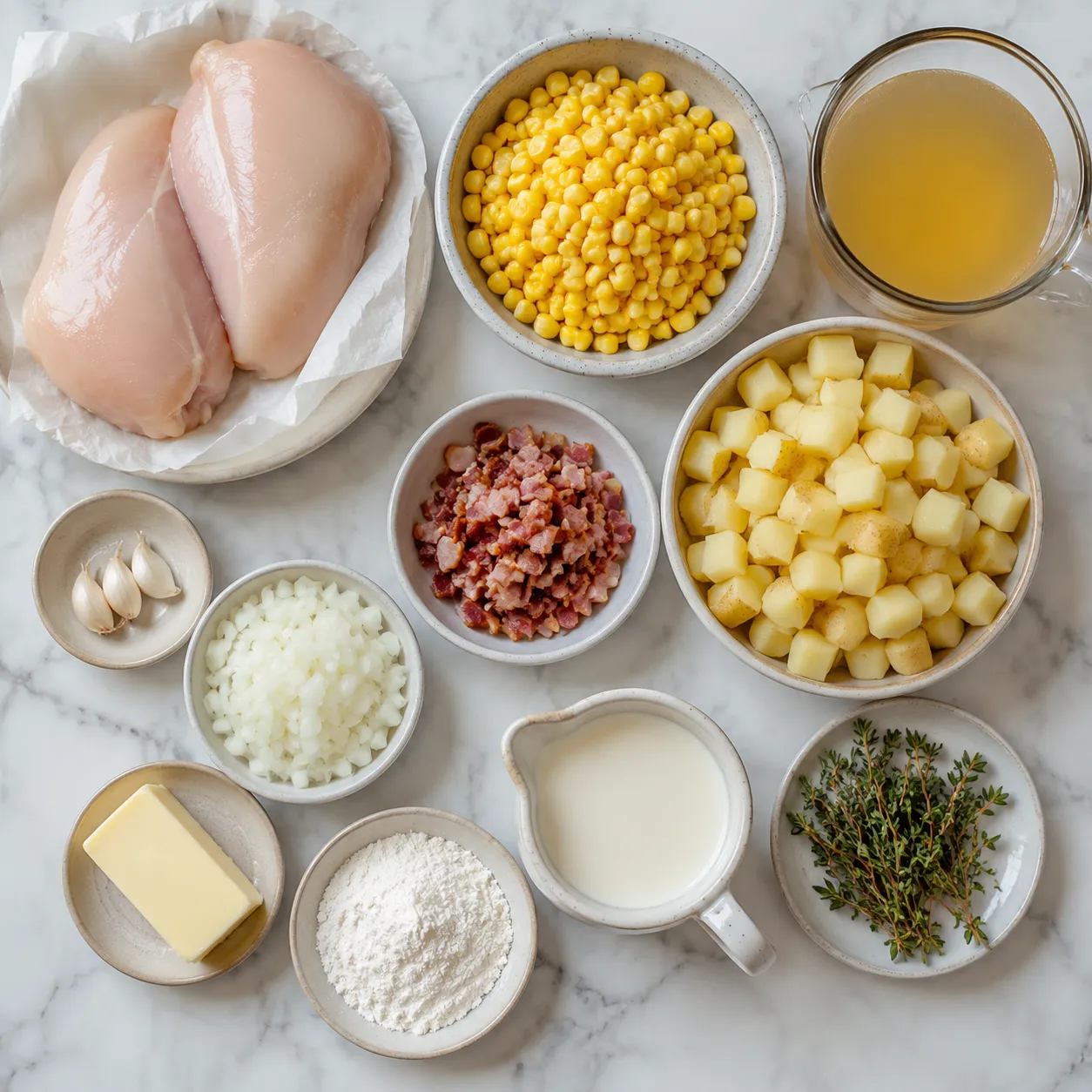 Chicken corn chowder ingredients flatlay with corn, potatoes, chicken, and bacon