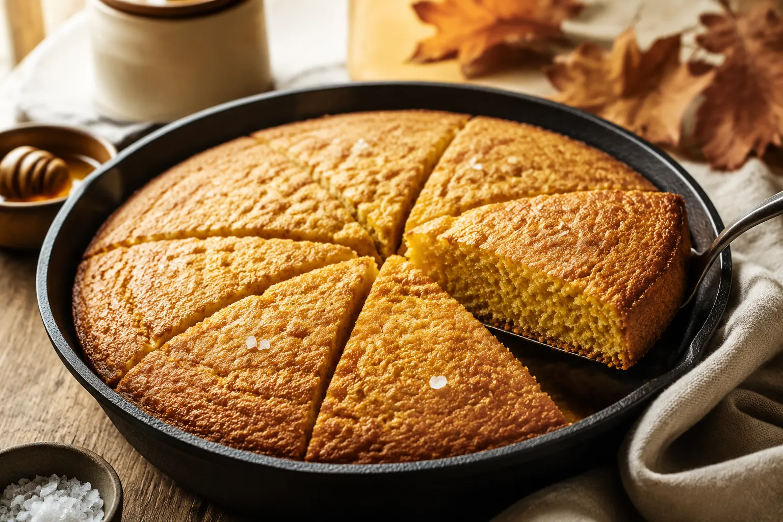 Sliced gluten free cornbread in cast iron skillet showing moist golden crumb