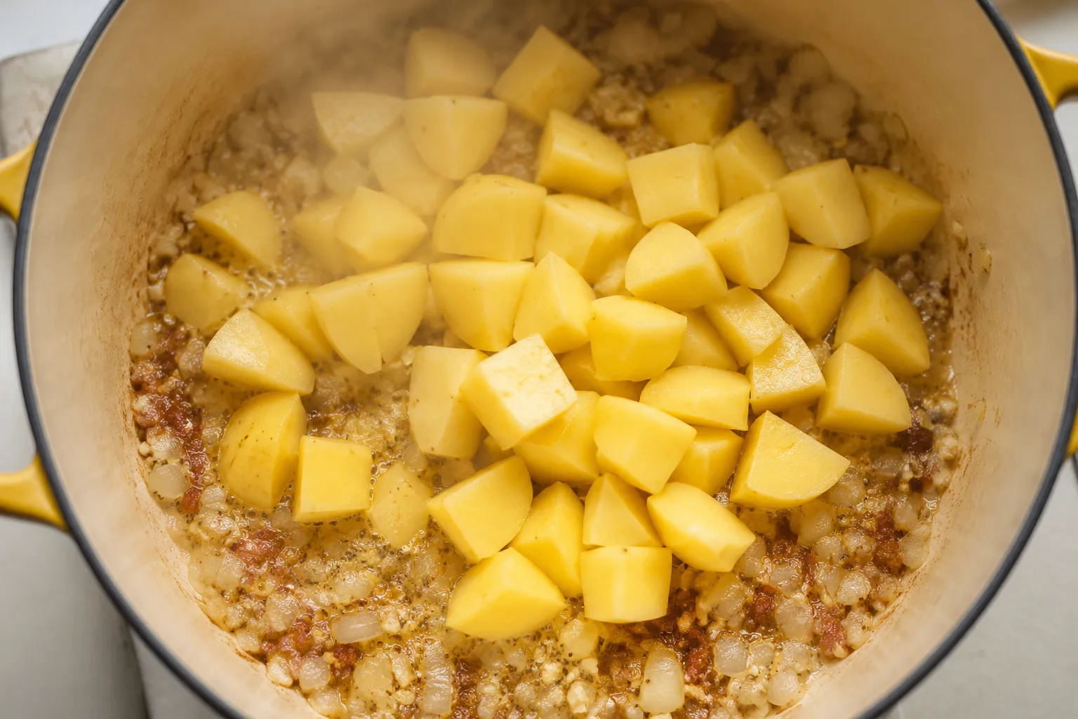 Sautéing onions, garlic, and potatoes for easy corn chowder recipe
