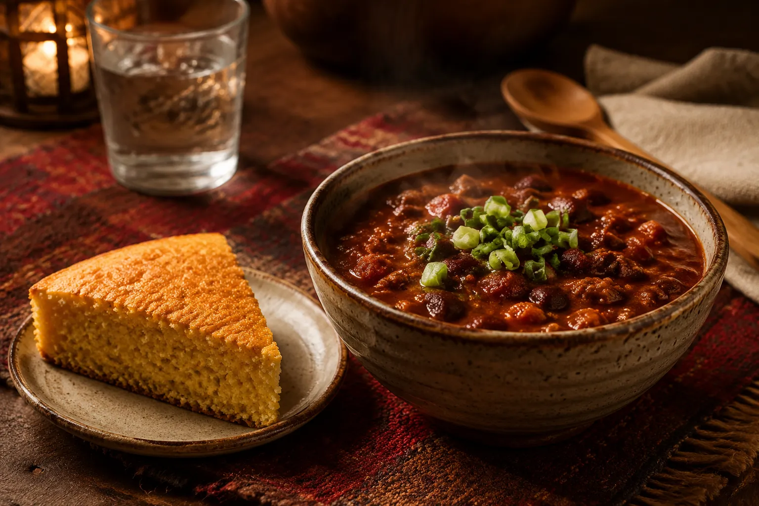 Gluten free cornbread served with a bowl of chili for dinner
