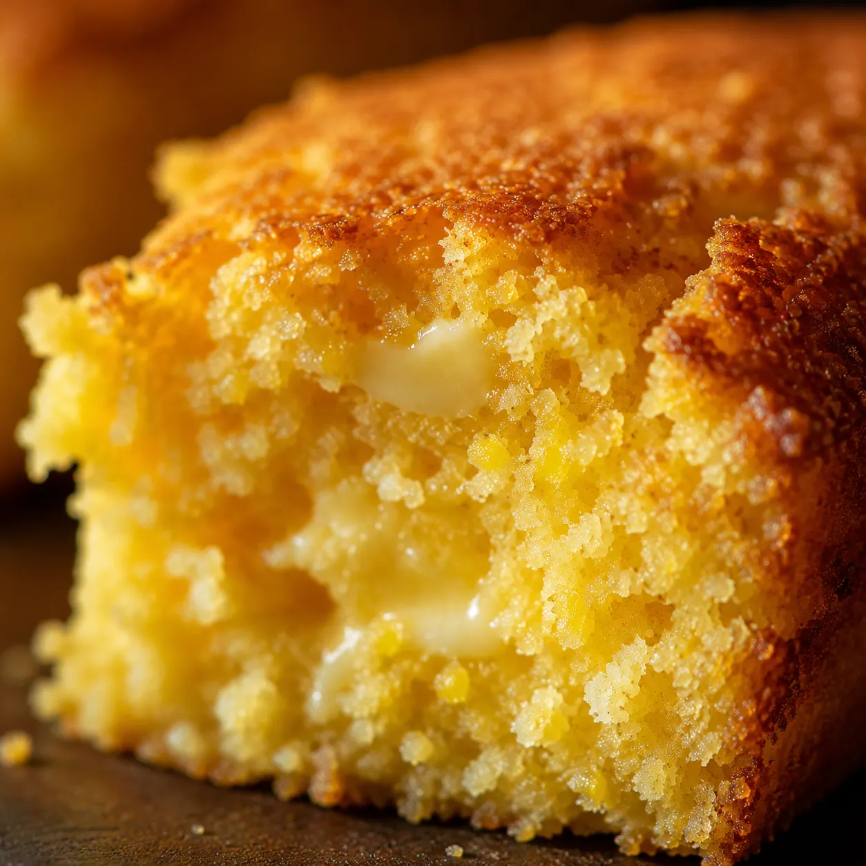 Close-up of moist gluten free cornbread crumb texture with butter