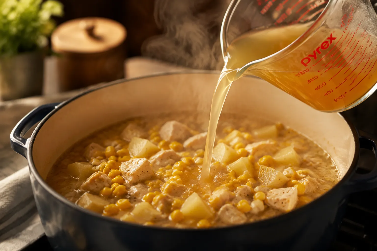 Adding broth and corn to one-pot chicken corn chowder