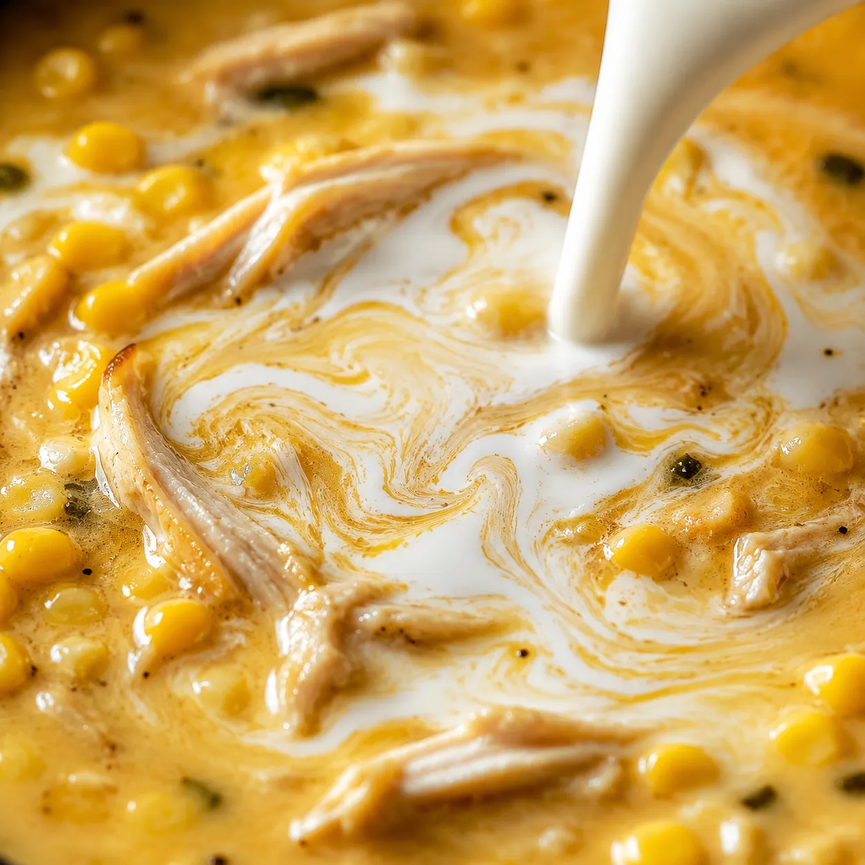 Stirring cream into creamy chicken corn chowder