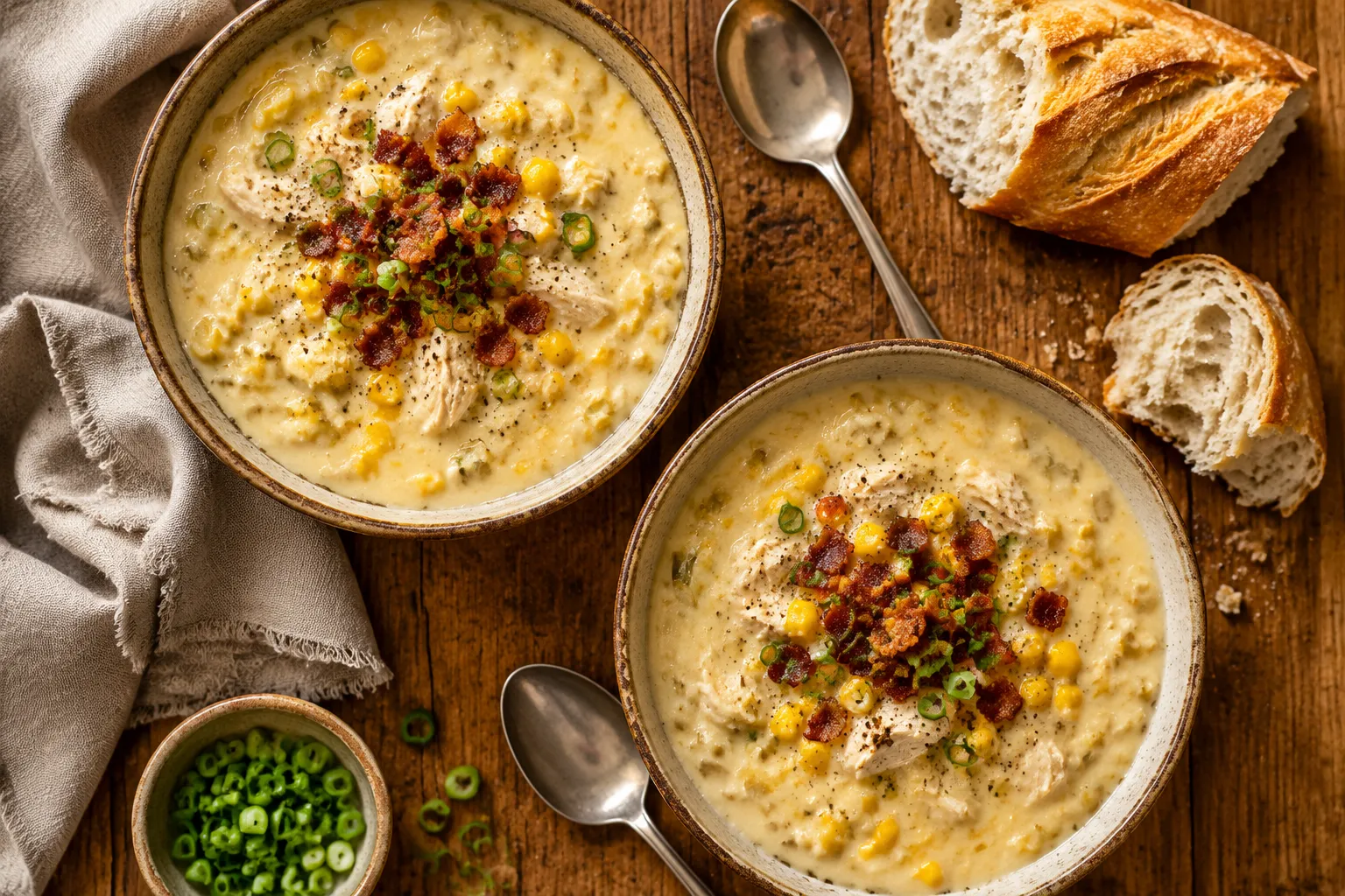 Two bowls of chicken corn chowder served with crusty bread