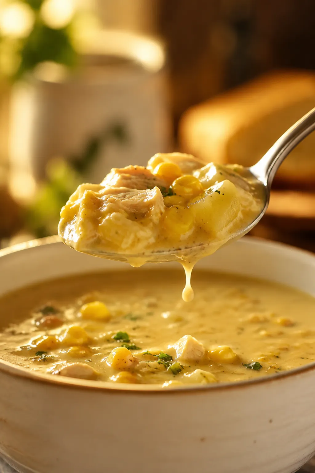 Spoonful of creamy chicken corn chowder with chicken and corn