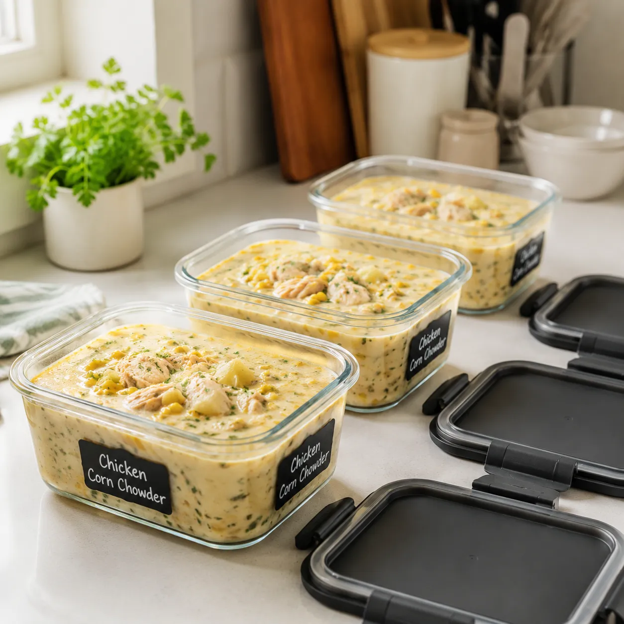 Storing leftover chicken corn chowder in glass containers