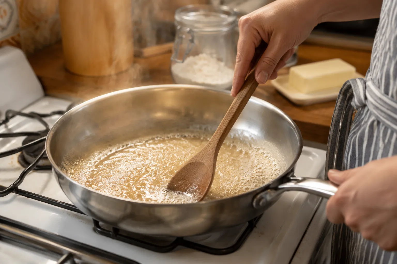 Whisking butter and flour roux for creamed corn sauce
