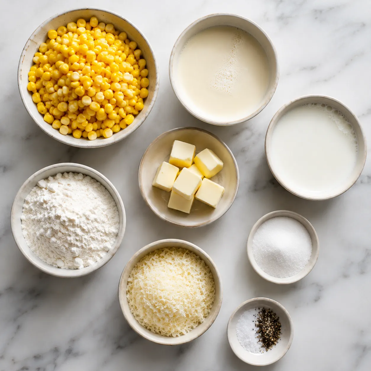Ingredients for homemade creamed corn recipe laid out on marble