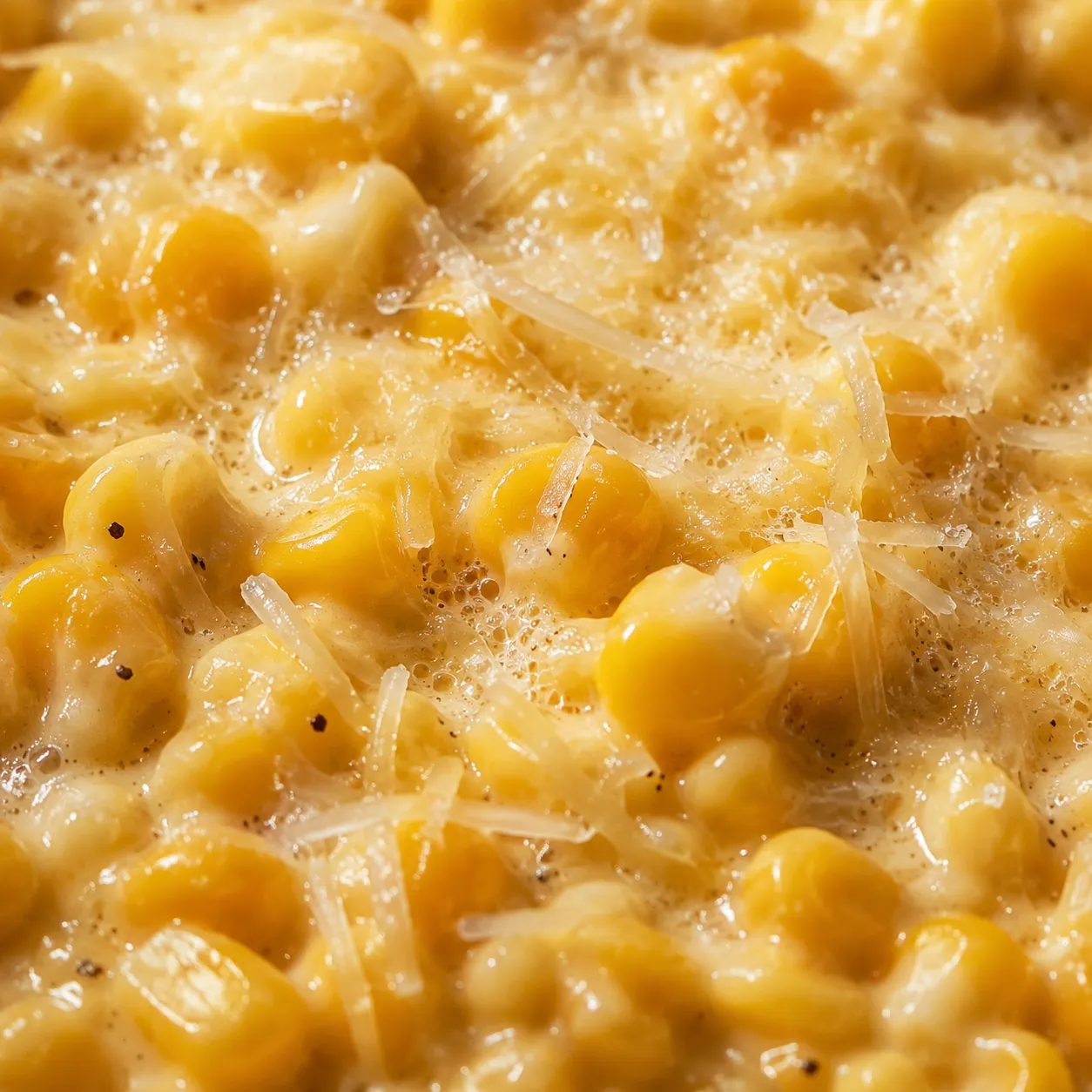 Close-up of creamed corn simmering with melted Parmesan