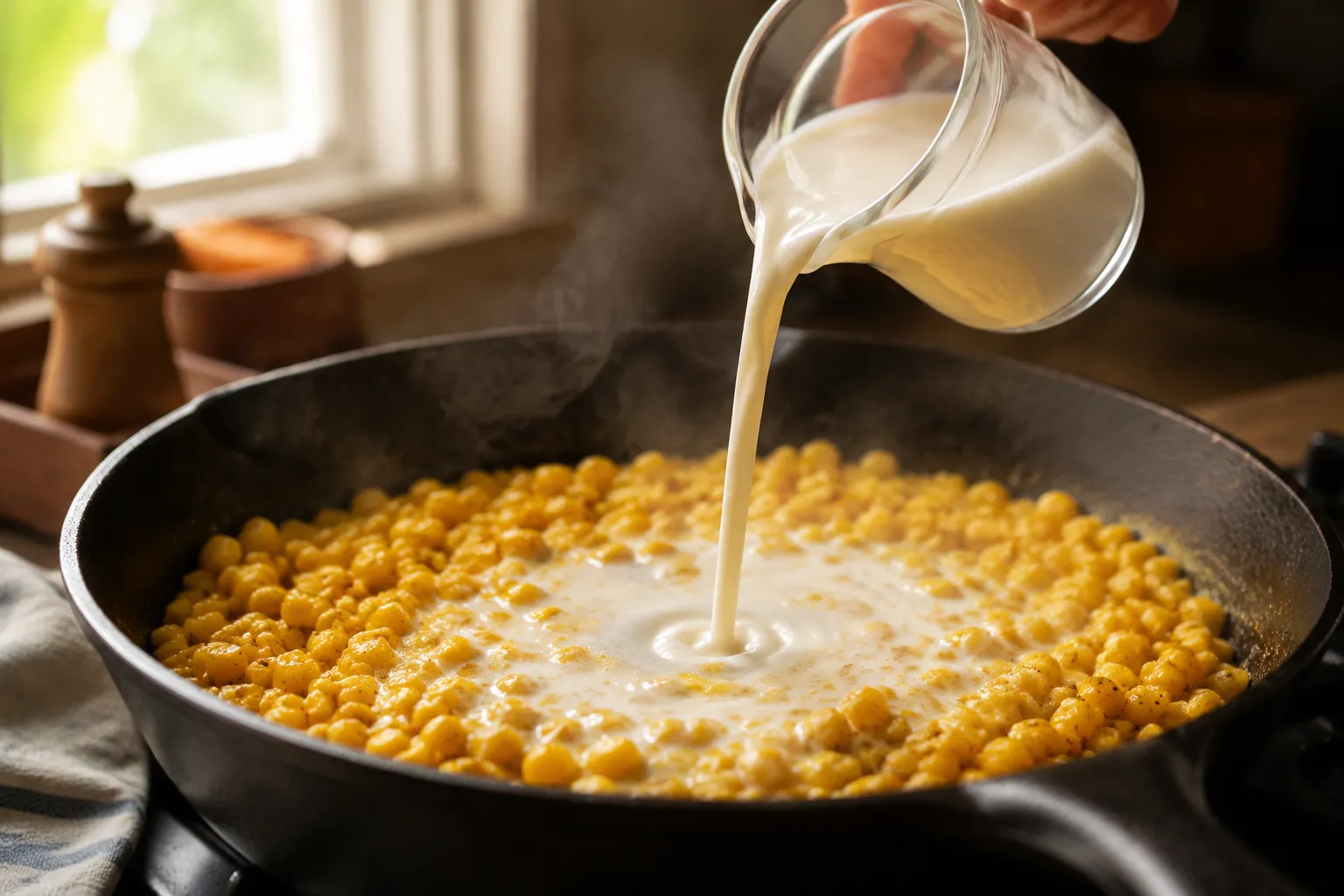 Pouring heavy cream over sweet corn kernels in a skillet