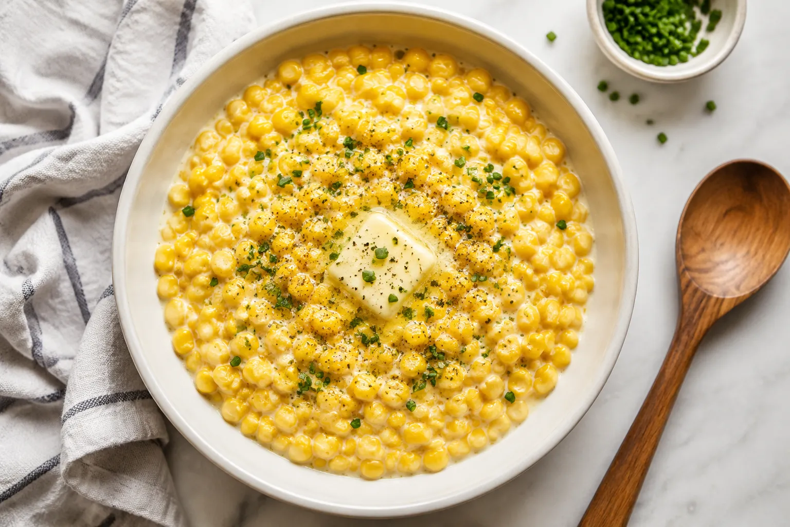 Finished corn and cream side dish in a white serving bowl