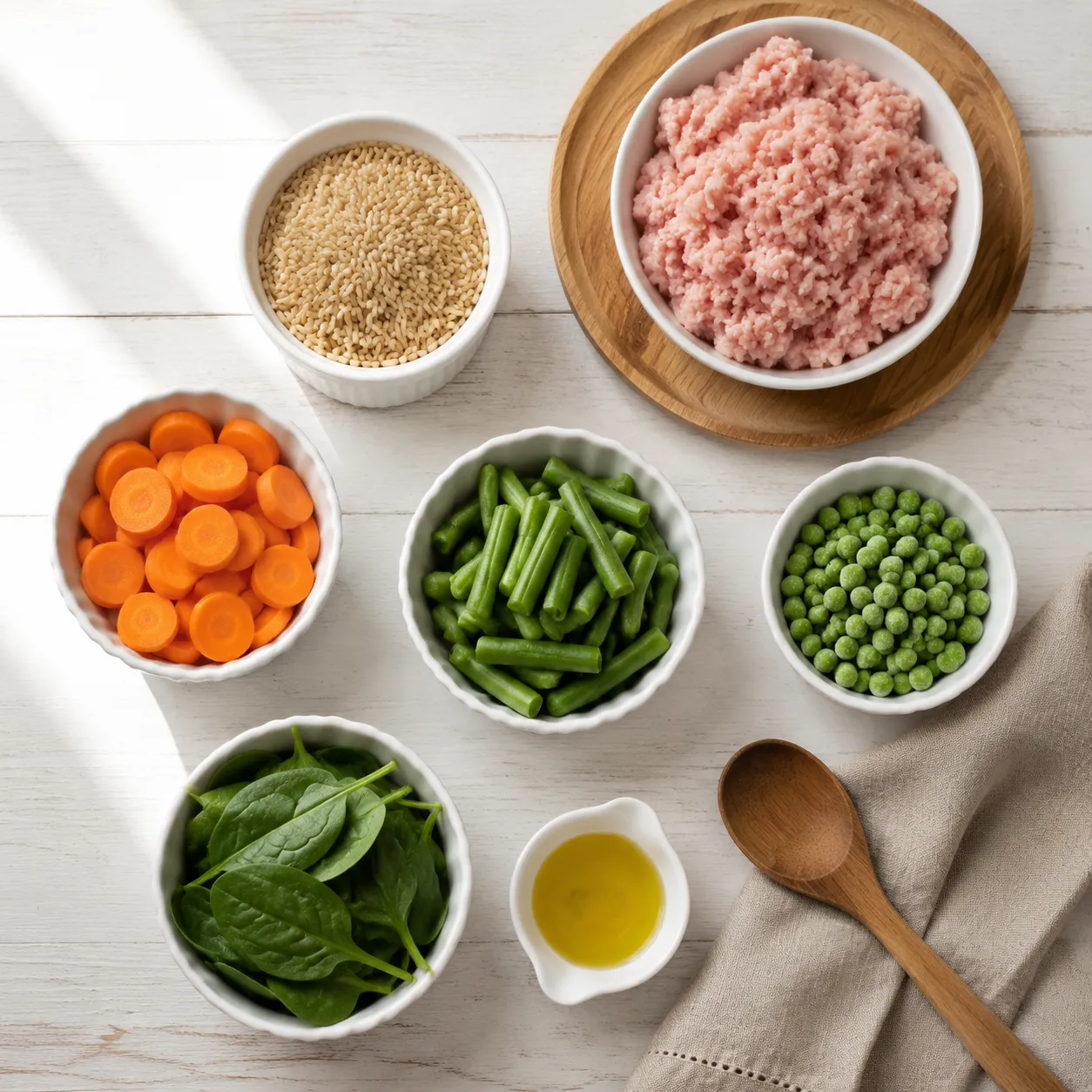 Ingredients flatlay for homemade dog food with turkey, rice, and fresh vegetables