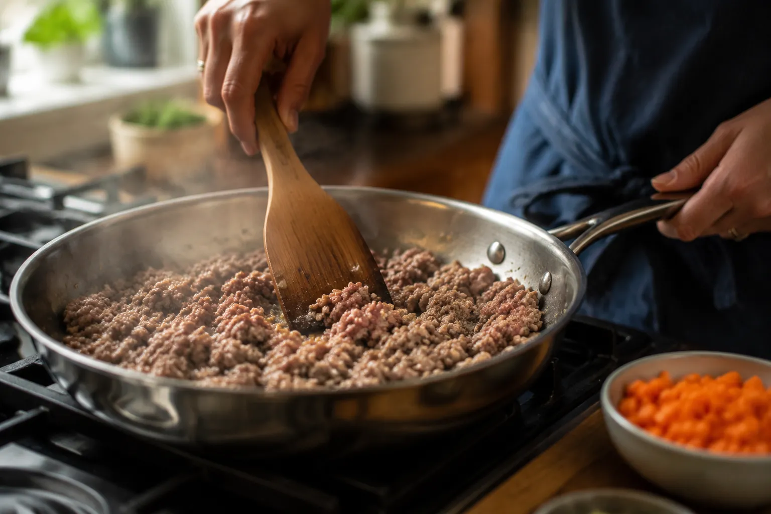 Browning ground turkey in a skillet for vet approved homemade dog food
