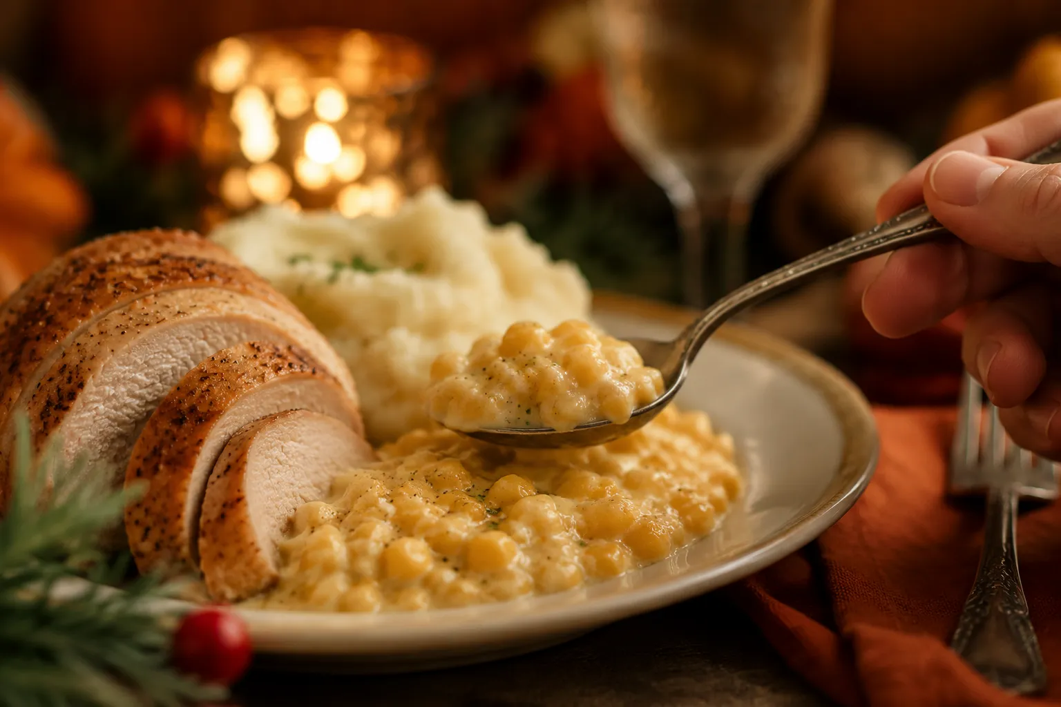 Serving creamed corn alongside roast turkey on a holiday plate