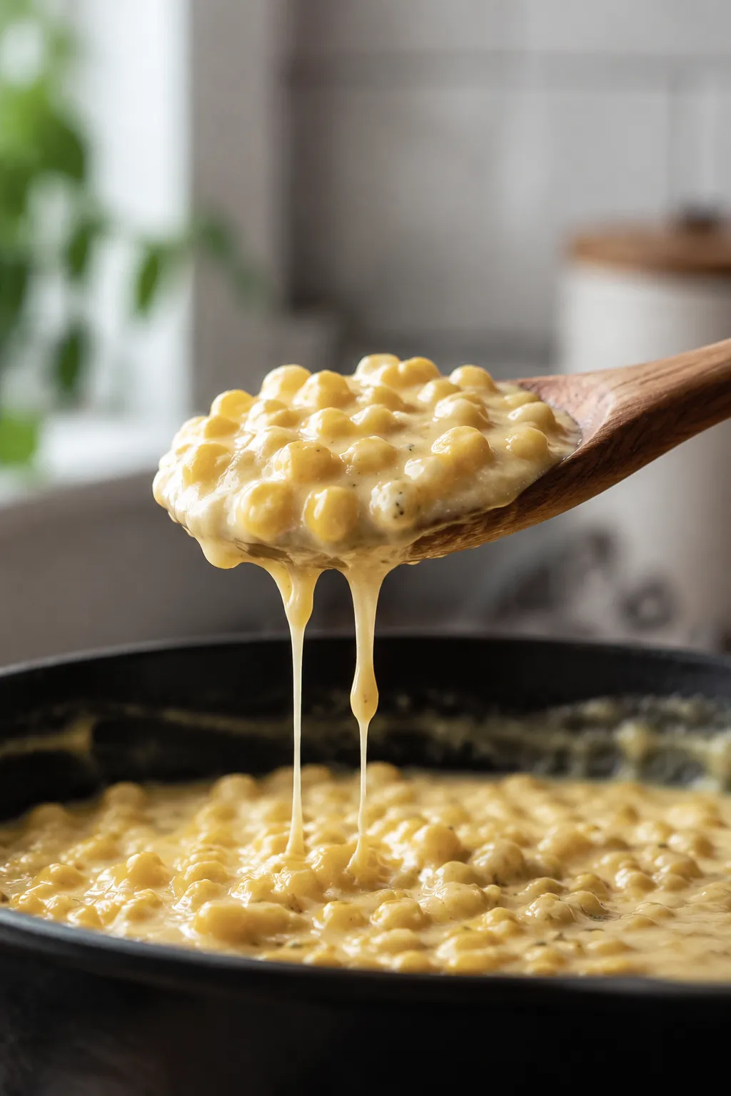 Wooden spoon lifting thick creamy corn showing sauce consistency