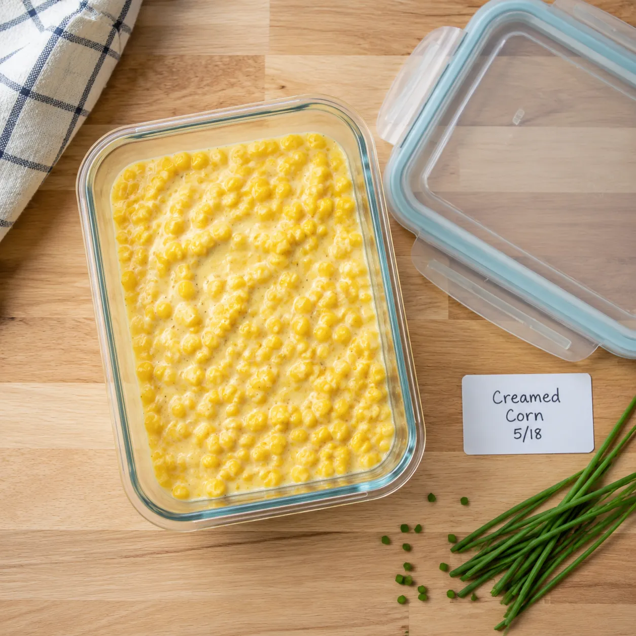 Leftover creamed corn stored in a glass container for meal prep