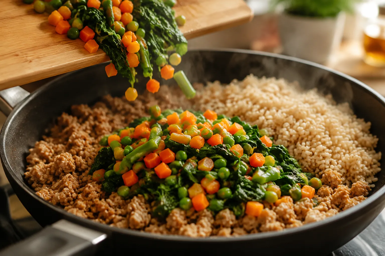 Adding vegetables and brown rice to homemade dog food on the stovetop