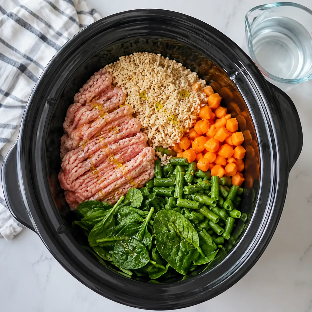Slow cooker dog food ingredients layered before cooking