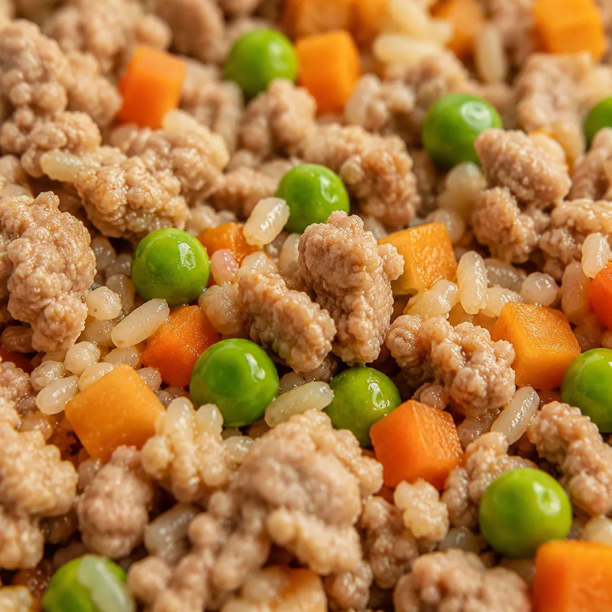 Close-up of homemade dog food texture with turkey, rice, and vegetables