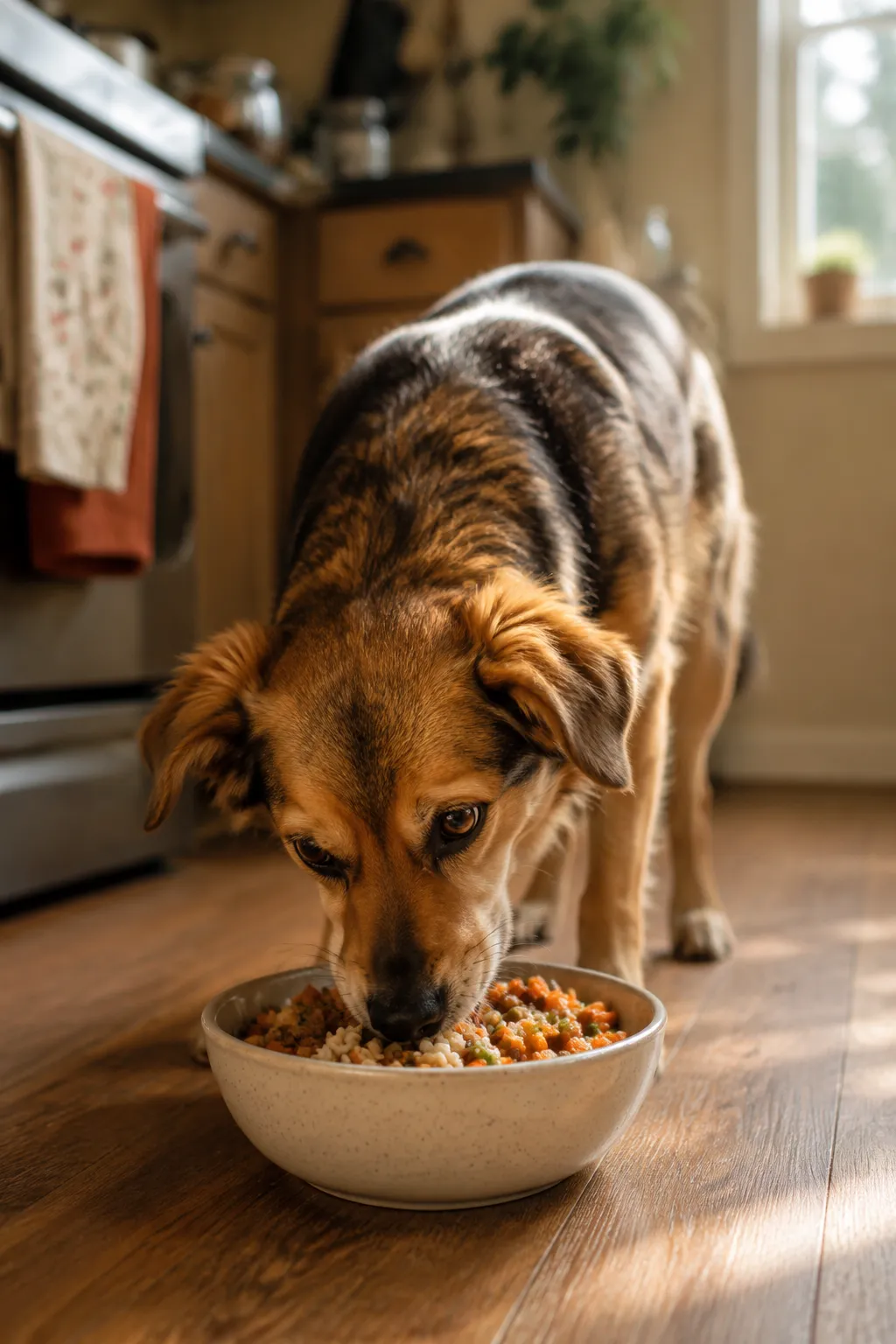 Dog eating vet approved homemade dog food from a ceramic bowl