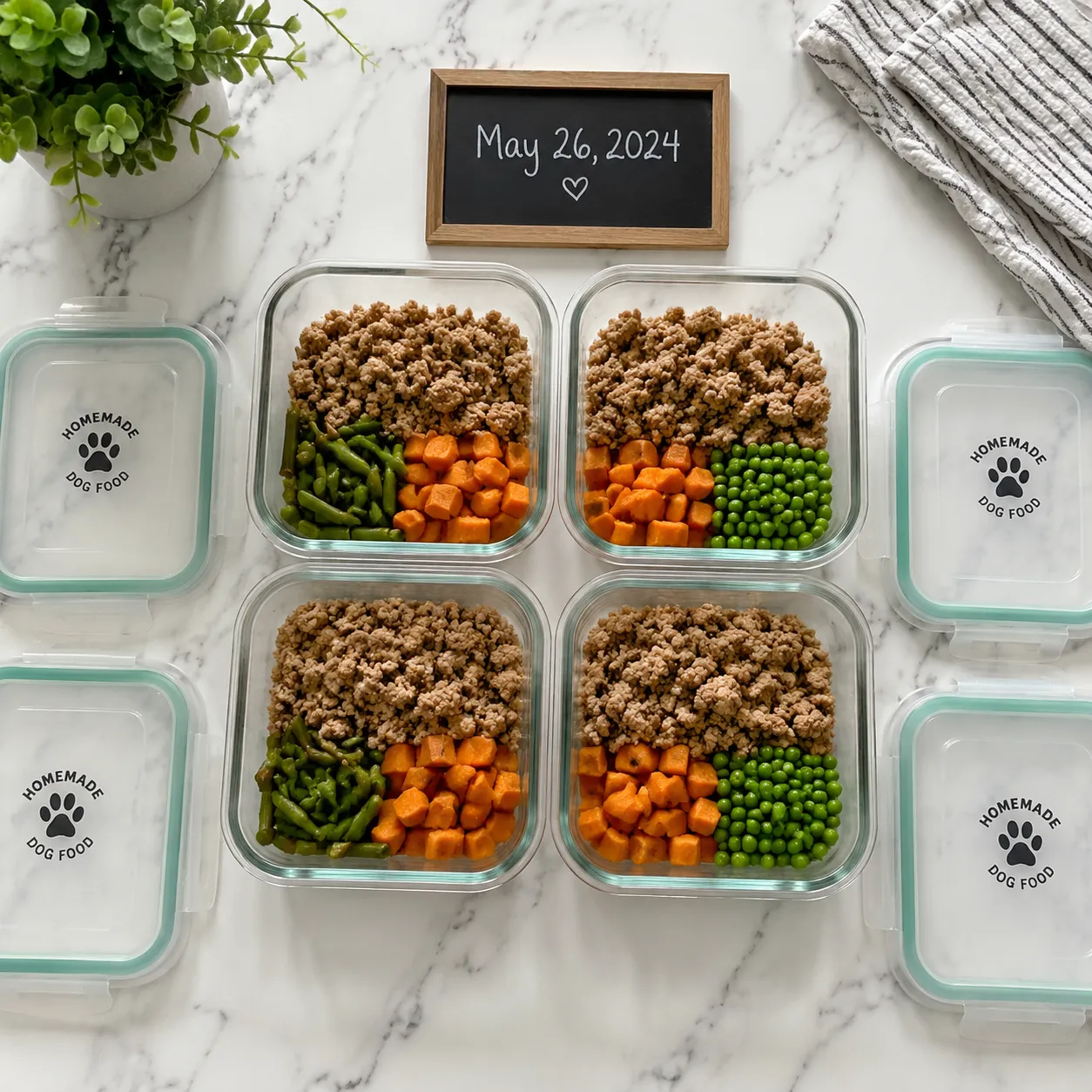 Portioned homemade dog food in glass containers for fridge and freezer storage