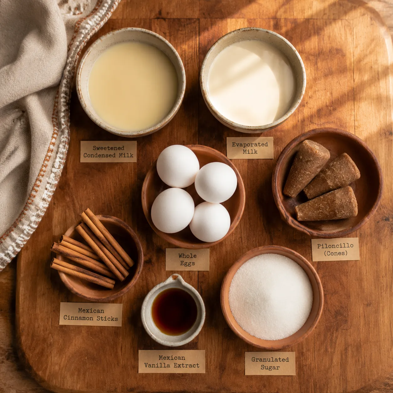 Authentic Mexican desserts ingredients flatlay with piloncillo, cinnamon, and condensed milk