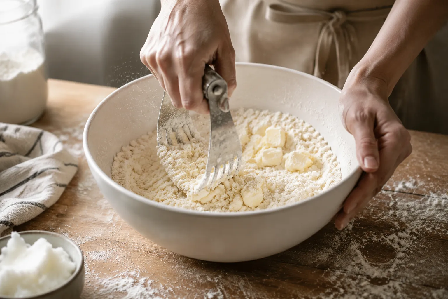 Cutting butter into flour to make flaky pasty dough