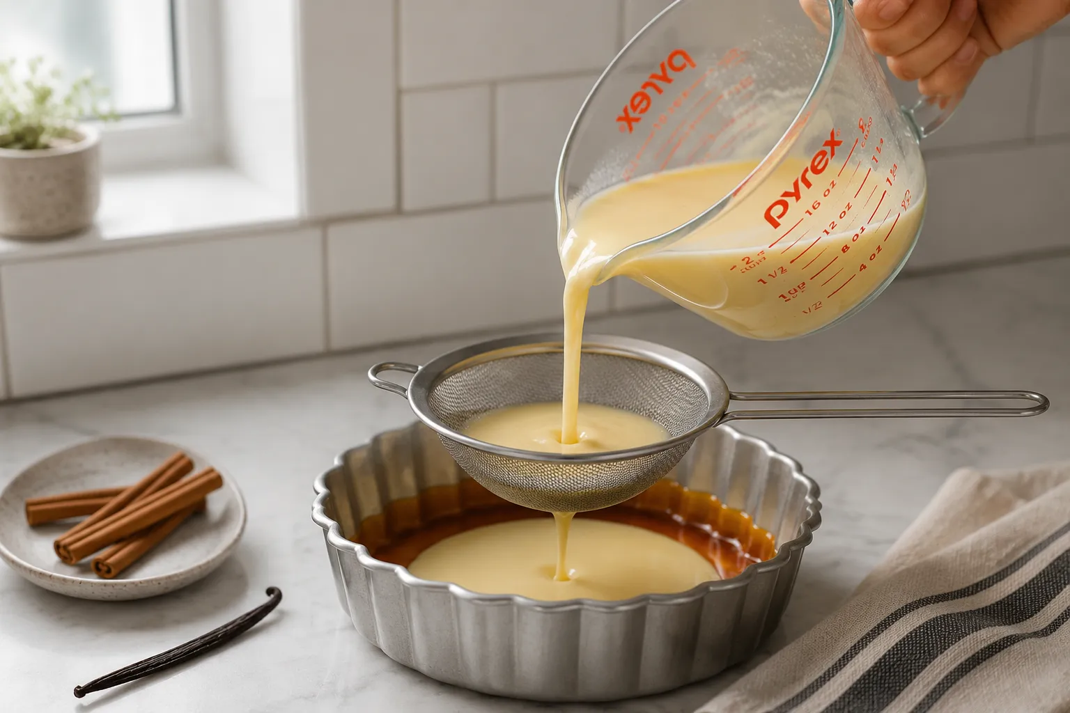 Pouring flan custard for authentic Mexican desserts