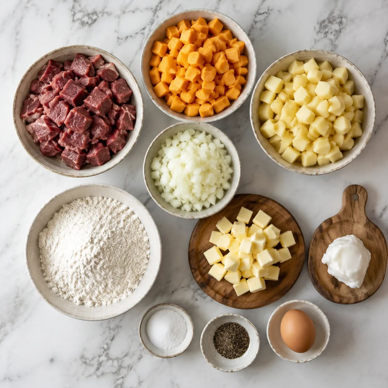 Pasties recipe ingredients flatlay with beef, rutabaga, potato, onion and pastry components