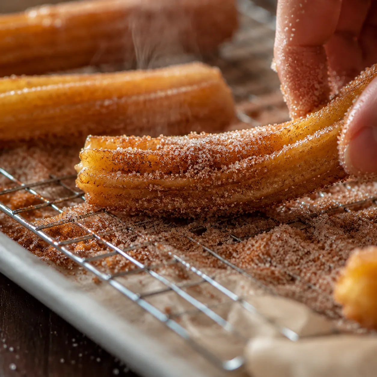Close-up of cinnamon sugar churros, classic Mexican desserts