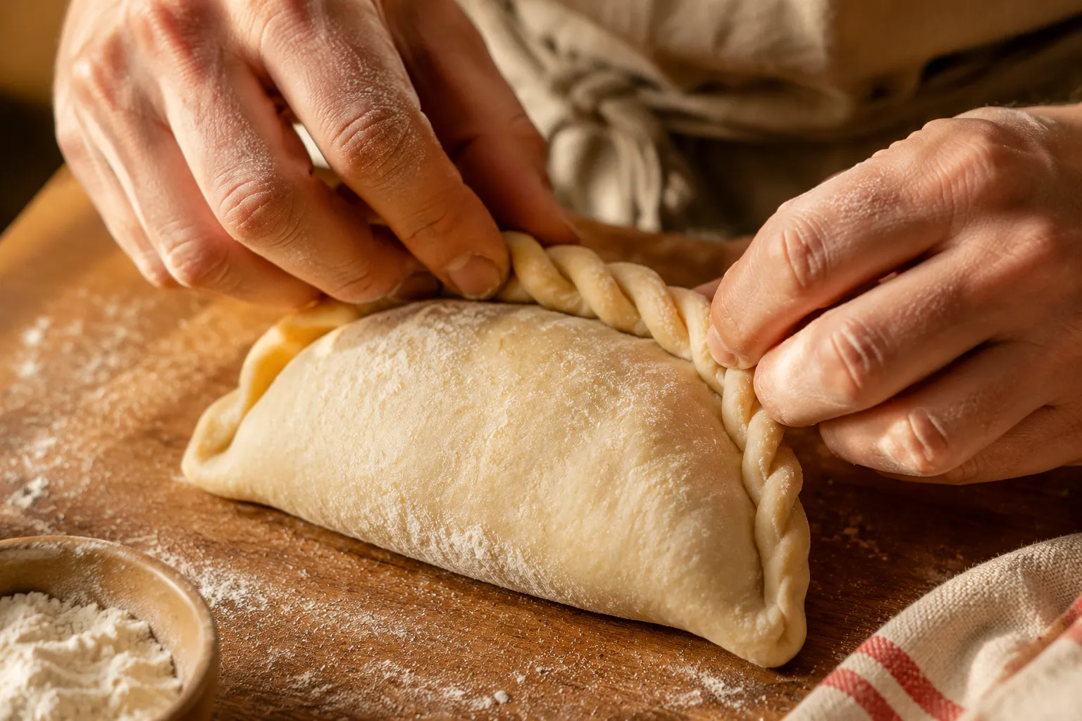 Hands crimping the traditional rope edge on a Cornish pasty