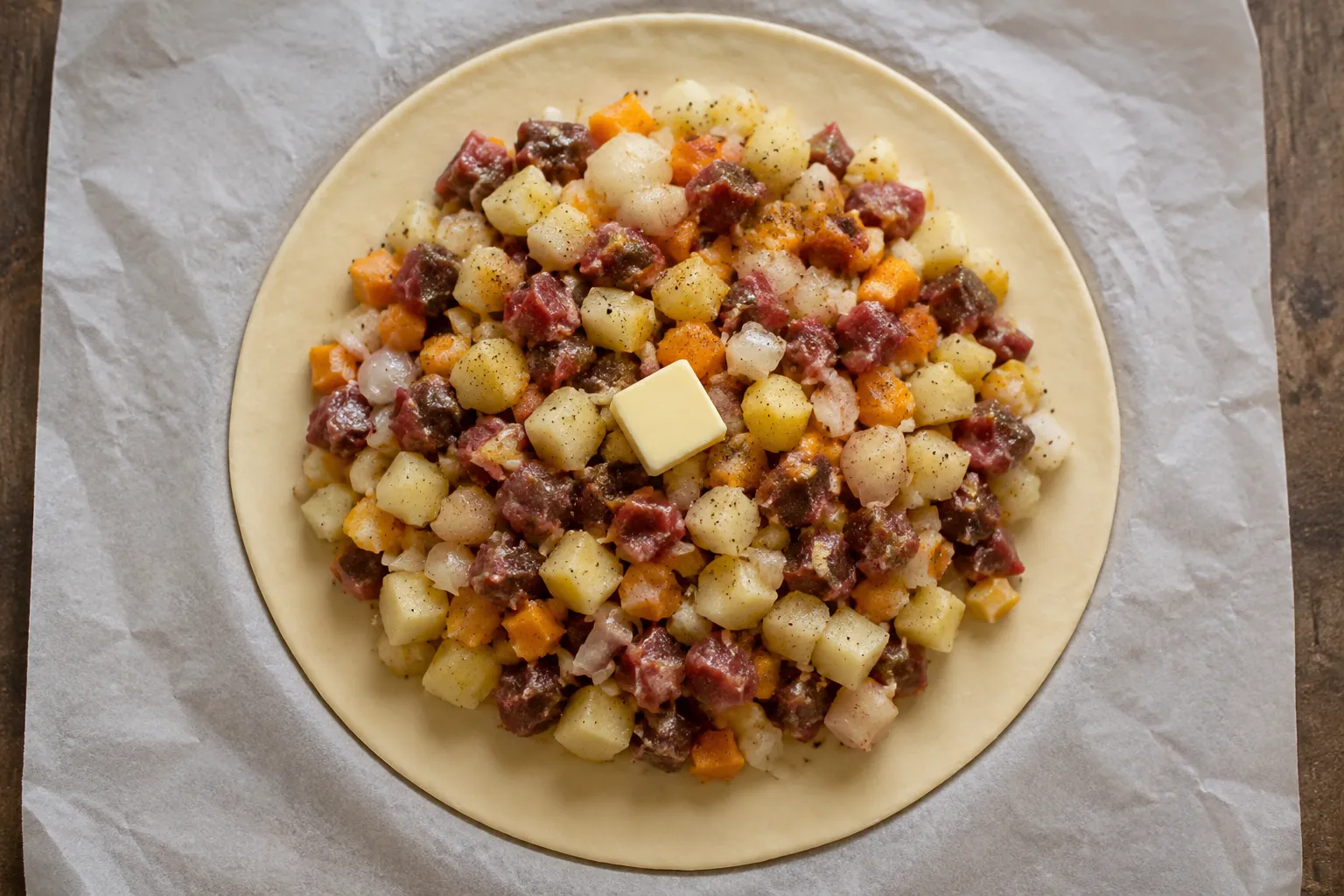 Raw beef and rutabaga filling piled on rolled pasty dough