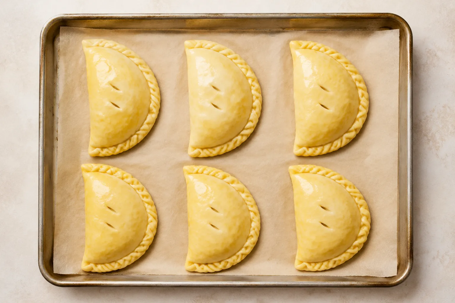 Unbaked pasties brushed with egg wash on a sheet pan
