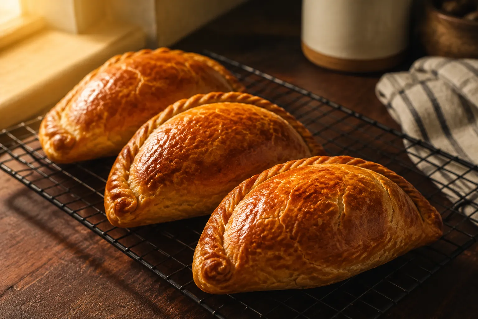 Freshly baked golden pasties cooling on a wire rack
