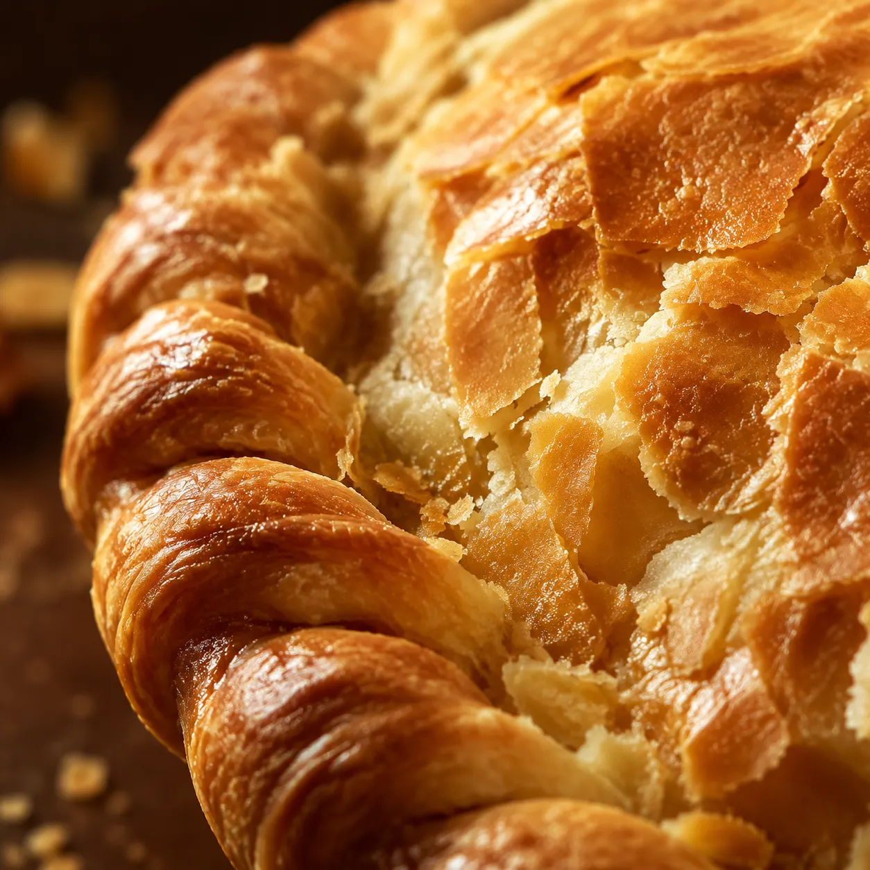Macro close-up of a flaky pasty crust with rope-crimped edge